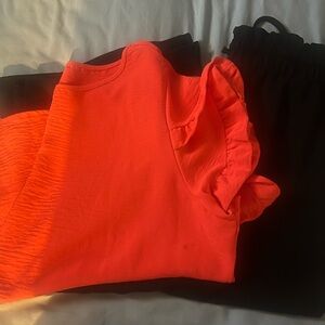 Women's Orange Ruffle Sleeve Top and Black Wide Leg Cropped Pant